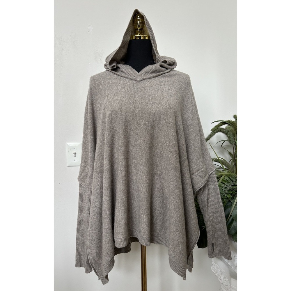 Tahari 100% Cashmere Hooded Poncho Sweater Luxe Beige Asymmetric Thumbhole Sz XL